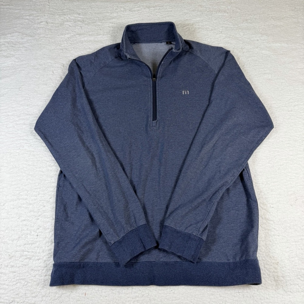 TravisMathew Mens L 1/4 Zip Pullover Heather Navy Blue Golf Performance Sweater